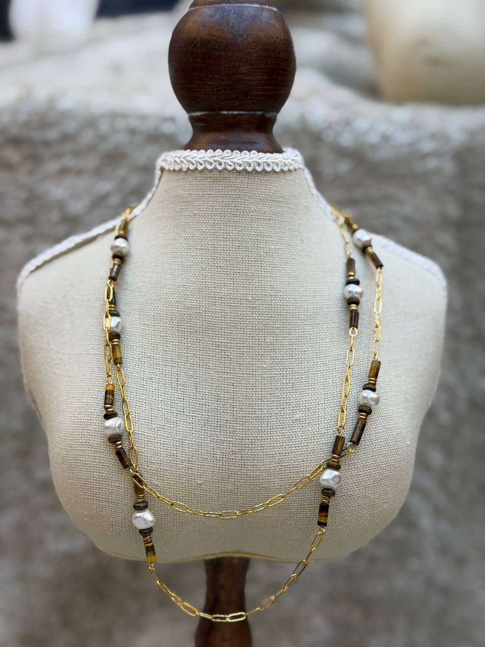 Tiger Eye Pearl Layered Necklace